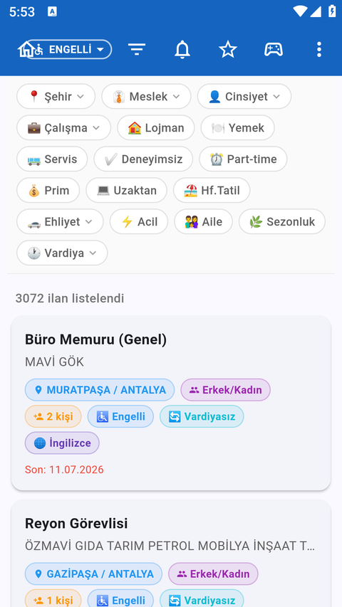 İşler Burada uygulaması ilan listesi ve filtre ekranı